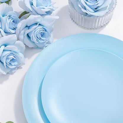 EI 150pcs Blue Plastic Plates Disposable Light Blue Baby Shower Plates Heavy Duty Dinnerware Set Plastic Silverware for Party,Wedding,Easter,Spring Afternoon Tea