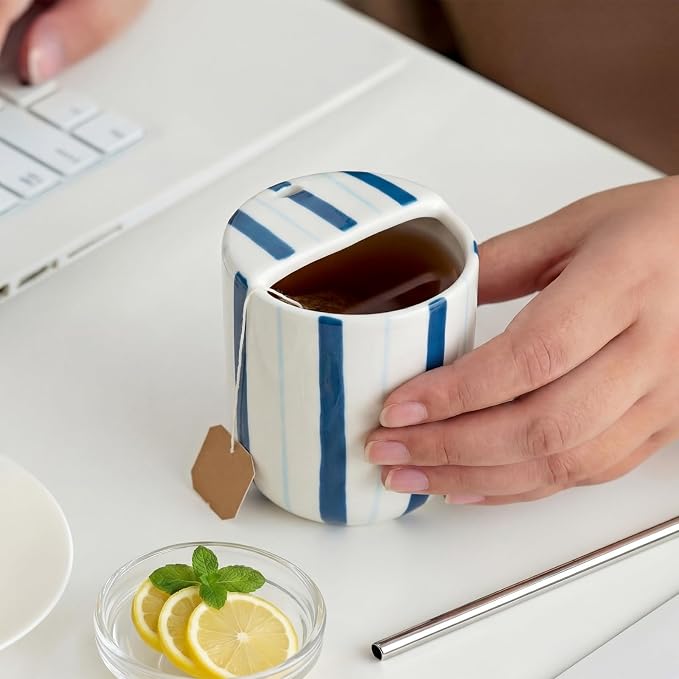 Ceramic Mug with Sip Hole 10 oz Deep and Light Blue Red Striped Ceramic Coffee - Image 5