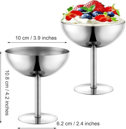 Ice Cream Bowls Stainless Steel Dessert Cups with Spoons Reusable Footed Sundae Cups Ice Cream Cups for Dessert, Frozen Yogurt, Gelato, Birthday Party Decorations (2, Silver)
