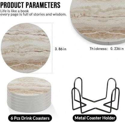 Ceramic Coasters Set of 6, Marble-Textured Design with Holder - Absorbent Cork-Backed Coasters for Cups, Bar & Coffee Table Decor Accessories (Khaki Marble-Thin, 6 Pack-Thin)