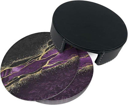 6 Pcs Abstract Black and Purple Marble Leather Coasters - Image 5