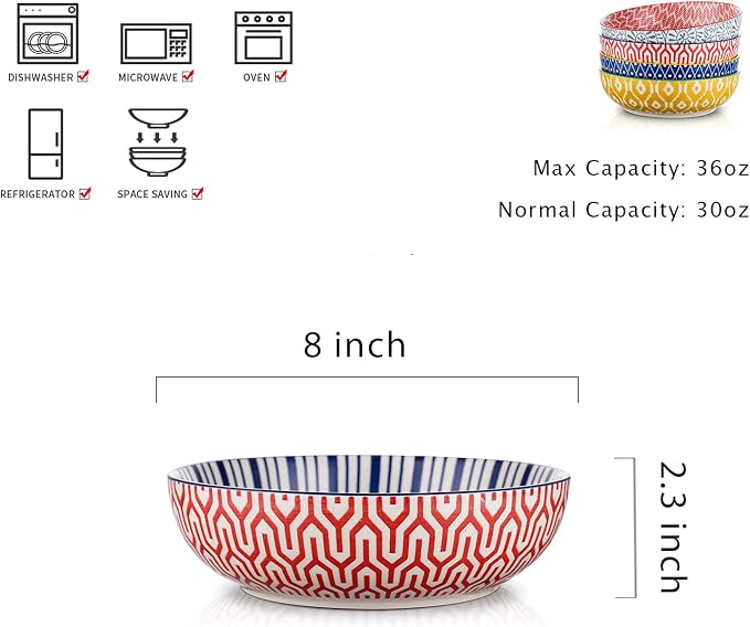 Selamica Ceramic 30 Ounce Large Pasta Bowls Set of 4, 8 inch Salad Bowl Wide - Image 2
