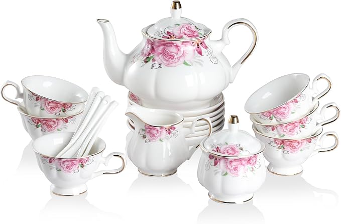 Sweejar Porcelain Tea Set Vintage Floral, British Relief Gold Rim Teapot Cup by Sweejarco1949