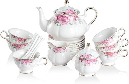 Sweejar Porcelain Tea Set Vintage Floral, British Relief Gold Rim Teapot Cup by Sweejarco1949