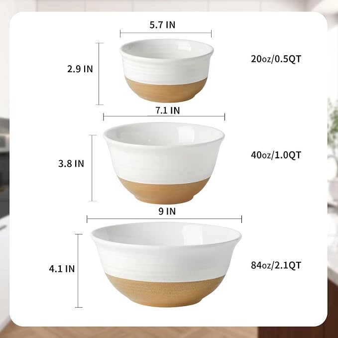 HASENSE Ceramic Serving Bowls, Large Salad Pasta Mixing Bowls Set, 2.1/1.0/0.5 - Image 4