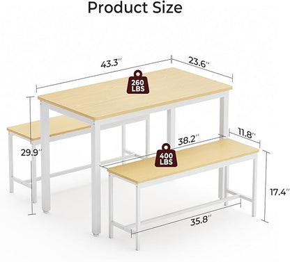 Tatub Dining Table Set for 4, 3-Piece Kitchen Table with 2 Benches, Space-Saving Dining Room Table Set for Breakfast Nook and Small Spaces, Original