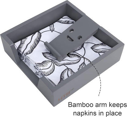 Bamboo Flat Napkin Holder with Weighted Arm Decorative Napkin Tray Dispenser for Table Kitchen Bathroom Dinning (grey)