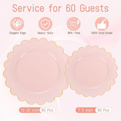 LIYH 120 Pcs Pink Plastic Plates Disposable - Pink Disposable Plastic Plates Set for Party Includes 60 Dinner Plate 10.25" & 60 Dessert Plate 7.5" Elegant Gold Rim for Party Birthday
