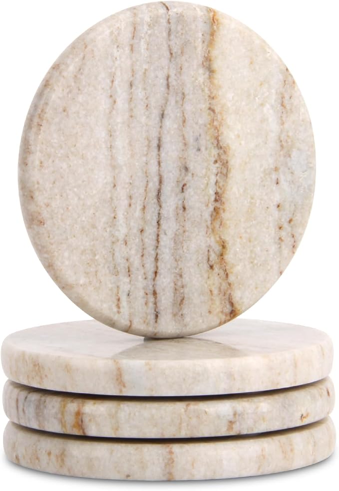 Natural Marble Coasters Set of 4, 4 inch Round, Viva Jade | Stone Coasters by Unknown