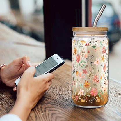 Floral Iced Glass Cups with Bamboo Lids and Straws 16oz Wildflower Coffee Cup - Image 3