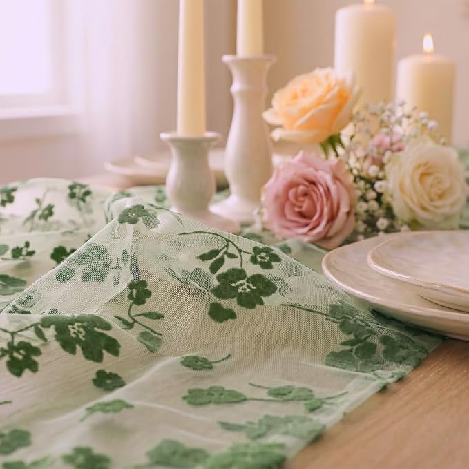 Artoid Mode Sage Green Gauze Flocking Flowers Table Runner 10FT, Spring Sheer - Image 6