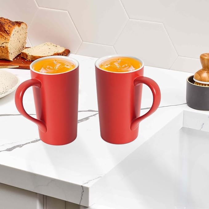 20 oz Ceramic Coffee Mugs Set of 2 Large Tall Red Porcelain Tea Cups - Image 3