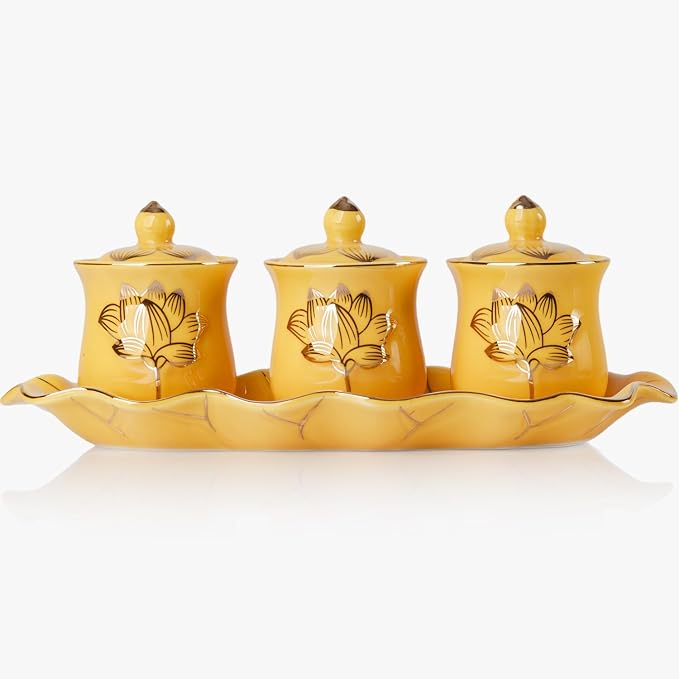 QINLANG Yellow Buddhist 3 Altar Cups Set, Buddha Water Cup Set of 3, Ceramic by QINLANG