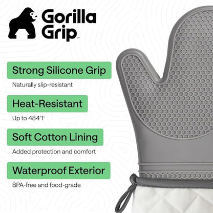 GORILLA GRIP BPA-Free Soft Silicone Oven Mitts, Heat Resistant and Waterproof Cooking Gloves, Thick Cotton Lining, Flexible Gripping for Baking Grilling, Kitchen Potholders Set of 2, 12.5x8.3, Gray