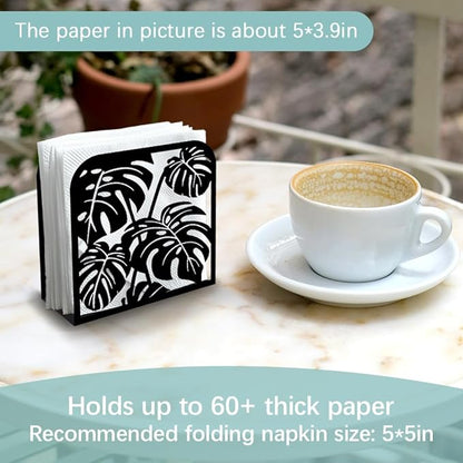 Monstera Leaf Decorative Black Metal Napkin Holder for Table, 4.9" x 4.9" x 1.9" Monstera Deliciosa Standing Napkin Holder for Home Kitchen Restaurant Picnic Party Coffee Bar Dining Room