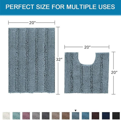H.VERSAILTEX Bathroom Rugs Bath Rug Set 2 Piece Bathroom Contour Rug Toilet Mat Sets Non Slip Contour Bath Rug Set Ultra Thick Water Absorbent Striped Washable(20" x 32" Plus 20" x 20" U, Stone Blue)