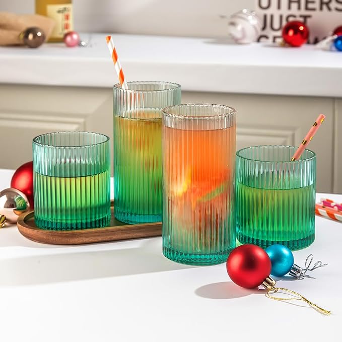 Ribbed Drinking Glasses 8pcs, 12oz and 10oz Glassware, Tumbler Glasses Cup Set - Image 2