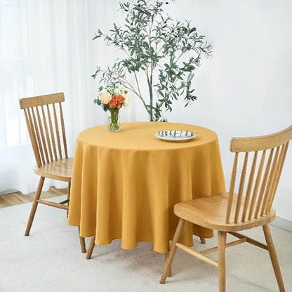 maxmill Round Weaved Texture Design Tablecloth Spill-Proof Wrinkle Free Soft Washable Table Cloth for Circular Table Cover, for Dining Room Banquet Parties Holiday Dinner, 90 Inch Ochre Yellow