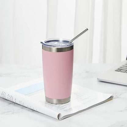 COMOOO 20oz Tumbler Bulk Double Wall Vacuum Insulated Travel Mug, Stainless Steel Tumbler with Lid and Straw Durable Powder Coated Insulated Coffee Cup for Cold & Hot Drinks (pink, 2 pack