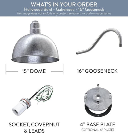 Steel Lighting Co. Hollywood Bowl Light | Outdoor Wall Mounted | 15 inch Bowl Dome | 16 inch Gooseneck | Barn Light Made in America | Galvanized Exterior/Galvanized Interior