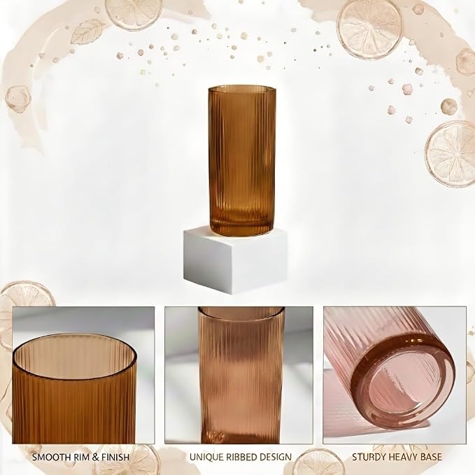 Physkoa Brown Ribbed Drinking Glasses Set of 6 – Vintage Embossed Highball - Image 4