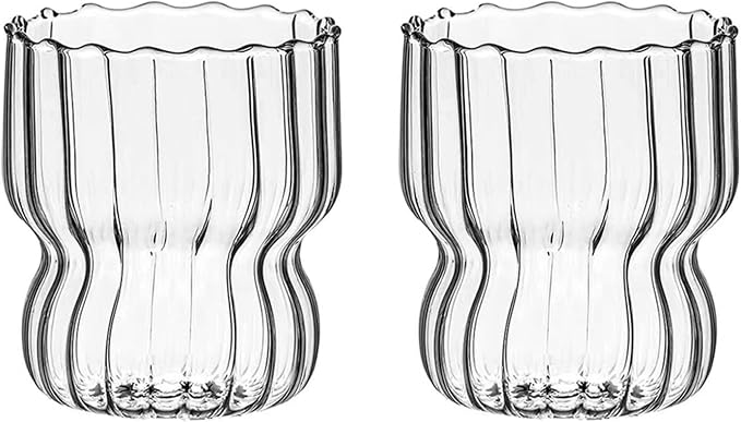 MANMAOHE 10 Oz Ribbed Glass Cups Set of 2 Creative Wavy Drinking Glasses by MANMAOHE