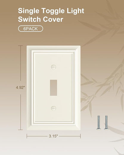 6-Pack Single Toggle Light Switch Cover Plate, Durable Natural Bamboo Fiber Decorative Switch Plate Covers, Light Almond 1 Gang Wall Plate, Corrosion Resistant