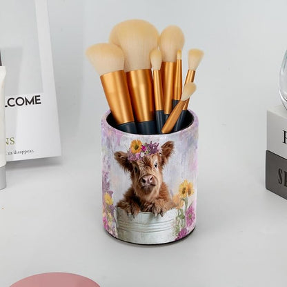 Leather Pen Holder for Desk, Highland Cow Purple Flower Pencil Cup Pen - Image 6