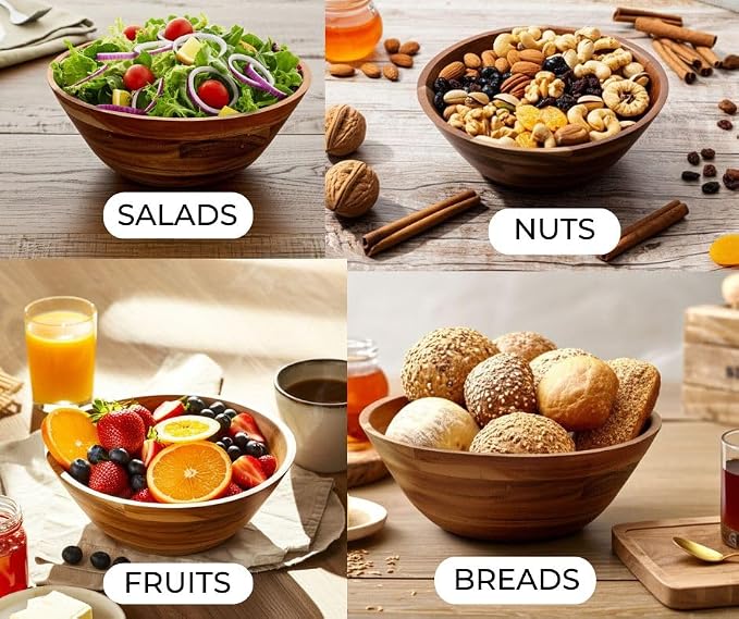 11-Inch Acacia Wood Salad Bowl, 1500 Cubic cm Volume, 1.5 Liter Capacity - Image 3