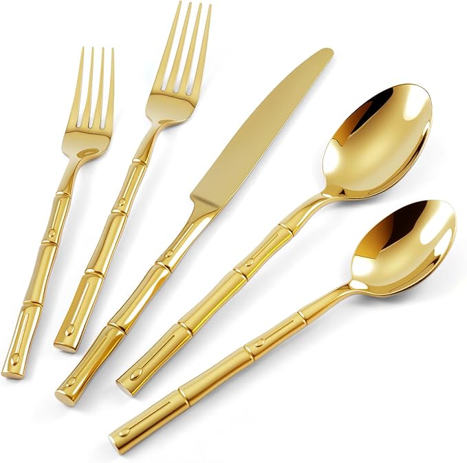 Gold Silverware Set 40-Piece Bamboo Pattern Service by SILWELLSilverwareSet