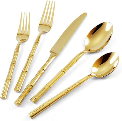 Gold Silverware Set 60-Piece Bamboo Pattern Service by SILWELLSilverwareSet