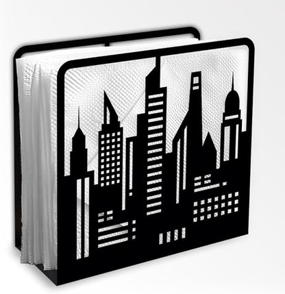 Skyline City Buildings Decorative Black Metal Napkin Holder for Table, 4.9" x 4.7" x 1.9" Skyscraper Standing Napkin Holder for Home Kitchen Restaurant Picnic Party Coffee Bar Dining Room
