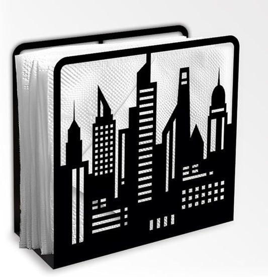 Skyline City Buildings Decorative Black Metal Napkin Holder for Table, 4.9" x 4.7" x 1.9" Skyscraper Standing Napkin Holder for Home Kitchen Restaurant Picnic Party Coffee Bar Dining Room