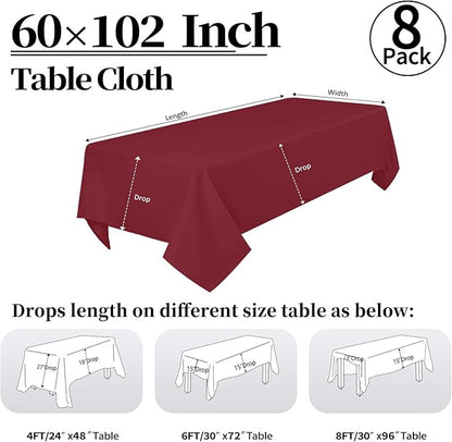 8 Pack Burgundy Tablecloth 60 x 102 Inch Rectangular Valentine’s Day Table Cloth for 6 Foot Rectangle Tables, Wrinkle Resistant Washable Fabric Table Covers for Wedding Party Banquet Buffet