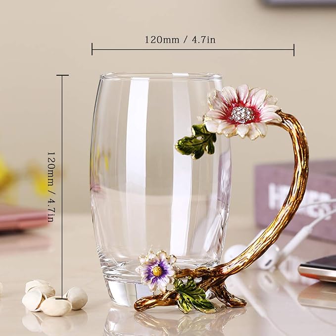 Enamel Sunflower Crystal Lead-Free Glass Tea Cup - Image 3