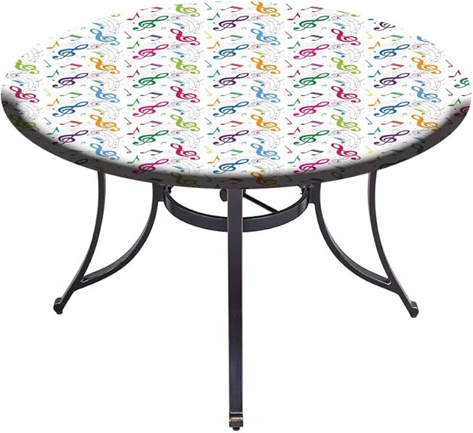 Round Tablecloth, Music Decor Tablecloth for Side Table, Notes on Circle Shape Geometric Background Carnival, Fit Round Tables 61inch Diameter, Buffet Table/Parties/Holiday Dinner, Multy