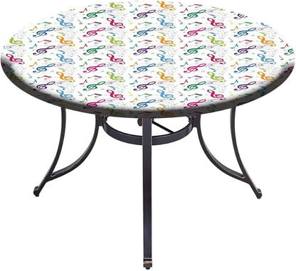 Round Vinyl Fitted Tablecloth, Music Decor Print Polyester Table Cloth, Notes on Circle Shape Geometric Background Carnival, Fit Round Tables 35inch Diameter, for Xmas/Parties/Home, Multy