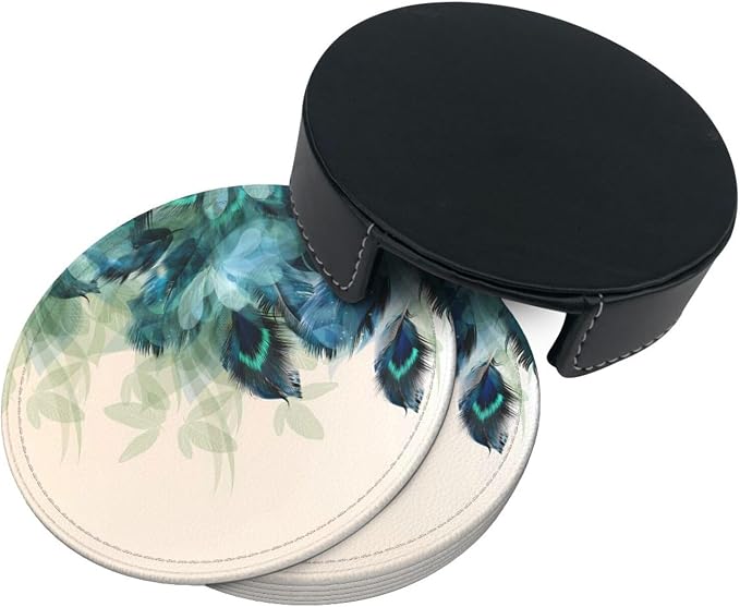 6 Pcs Peacock Feather Turquoise Bird Leather Coasters - Image 4