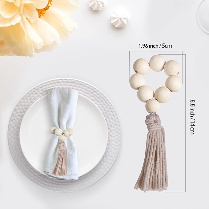 Napkin Rings Set of 12, Handmade Farmhouse Wood Beaded Napkin Ring - Image 2
