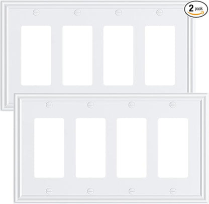 2-Pack Quad Decorator Outlet Cover Plate, Zinc Alloy Decorative Pure White Switch Plates and Outlet Covers, 4 Gang Wall Plates for Electrical Outlets, Receptacle, GFCI Outlet, Dimmer Switch