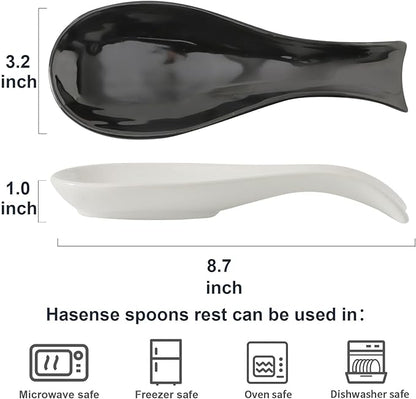 Ceramic Spoon Rest for Stove Top,Large 8.7 Inch Spoon Holder for Kitchen Counter,Porcelain Rest for Thankgiving and Christmas Gift,Dishwasher Safe and Heat-Resistant,White and Black(2 PC)