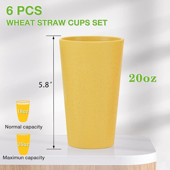 Mfacoy Wheat Straw Cups Set of 6, 20 oz Unbreakable Reusable Stackable Tumbler - Image 2