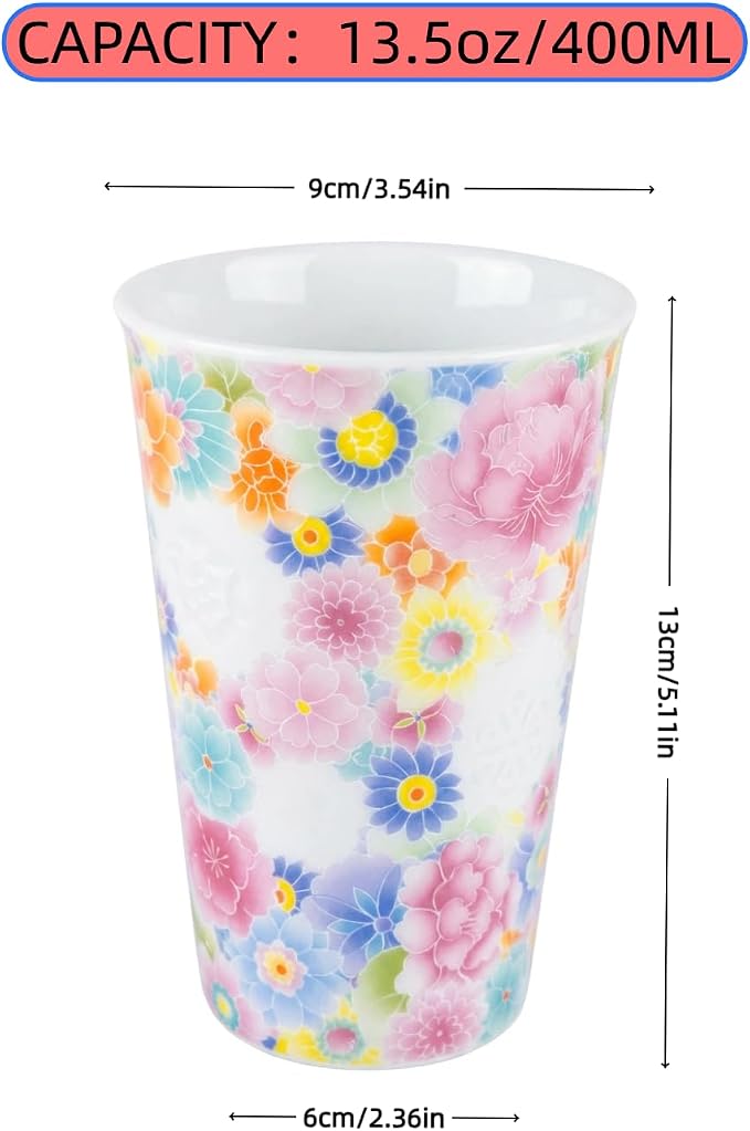 13.5 oz Floral Ceramic Tea Cup without Handle, Translucent Rice Grain Porcelain - Image 8