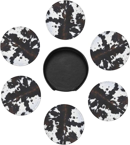 Cow Print Coasters for Drinks with Holder Round Leather Coasters Set of 6 Cups Mugs Mat Pad for Home Kitchen Bar