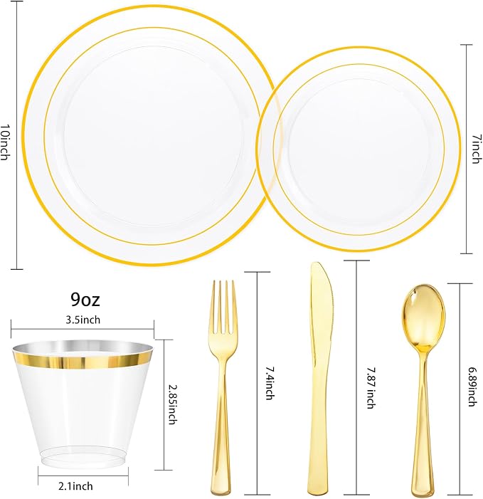 bUCLA 150Pcs Clear Gold Plastic Dinnerware Set - Image 2