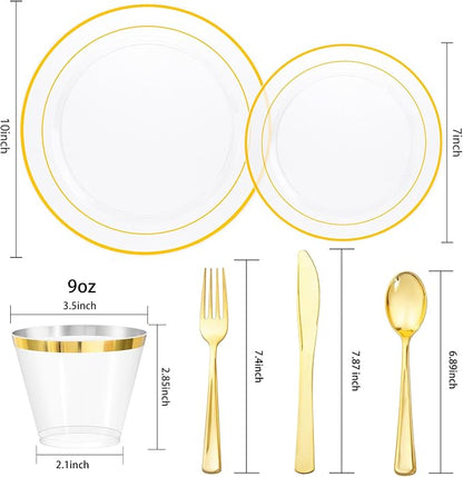 bUCLA 150Pcs Clear Gold Plastic Dinnerware Set - Image 2