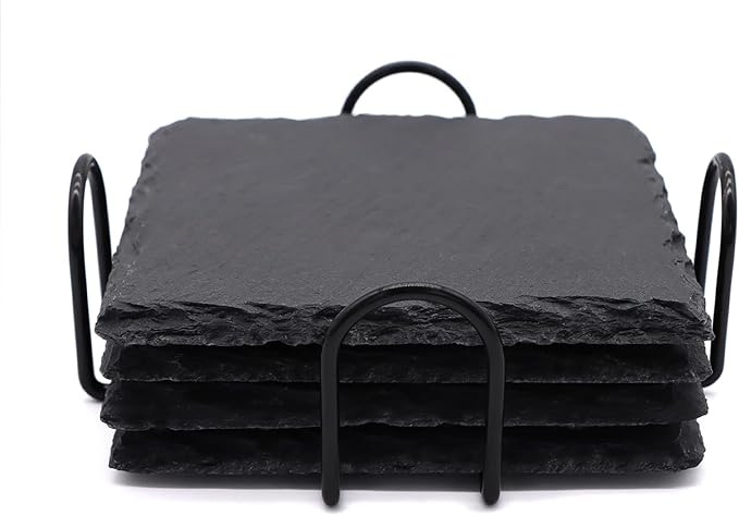 4 Pack 4 Inch Square Black Slate Coasters Set by SIJDIEE