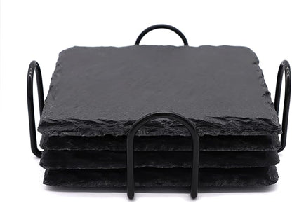 4 Pack 4 Inch Square Black Slate Coasters Set by SIJDIEE