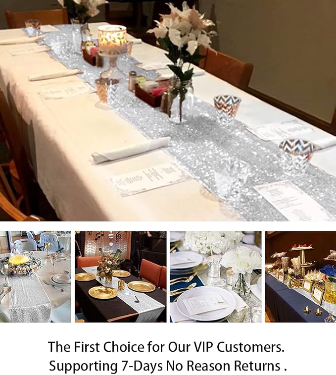 ShinyBeauty Sequin Tassel Table Runner Silver 12in x 90in Sequin Table Runners - Image 5