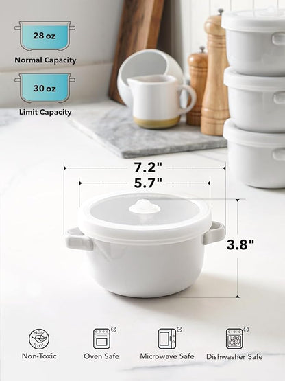 LE TAUCI Soup Bowls With Handles 28 oz and Silicone Lids, French Onion Soup Bowl for Chili, Beef Stew, Cereal, Ceramic Soup Crocks oven Safe, Microwave Dishwasher Safe - 5.5 inch, Set of 4, White